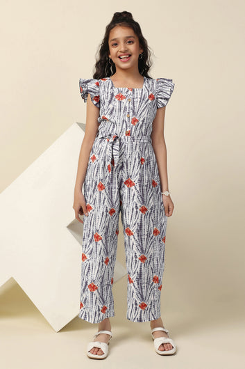 Girls Grey Cotton Blend All-Over Printed A-Line Tailored Ankle Length Jumpsuit