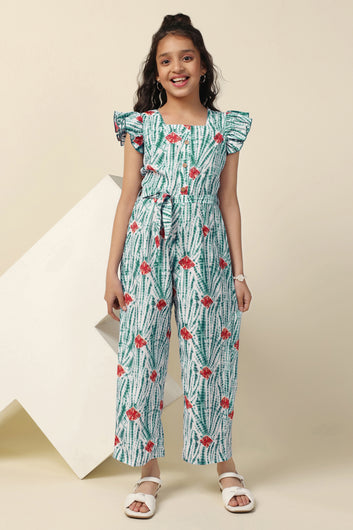 Girls Green Cotton Blend All-Over Printed A-Line Tailored Ankle Length Jumpsuit