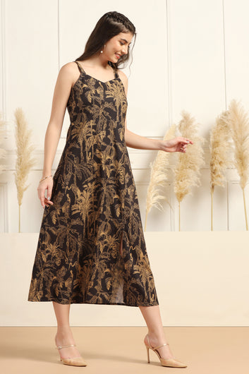 Womens Black Cotton Blend A-Line Animal Printed Calf Length Dress