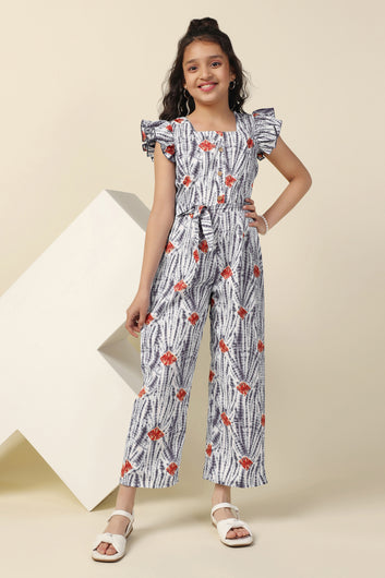 Girls Grey Cotton Blend All-Over Printed A-Line Tailored Ankle Length Jumpsuit