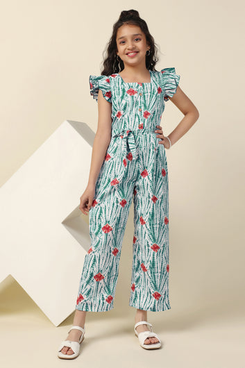 Girls Green Cotton Blend All-Over Printed A-Line Tailored Ankle Length Jumpsuit