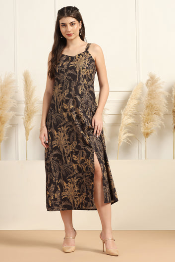 Womens Black Cotton Blend A-Line Animal Printed Calf Length Dress