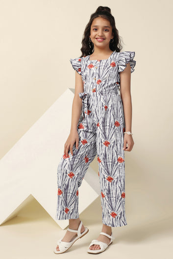 Girls Grey Cotton Blend All-Over Printed A-Line Tailored Ankle Length Jumpsuit