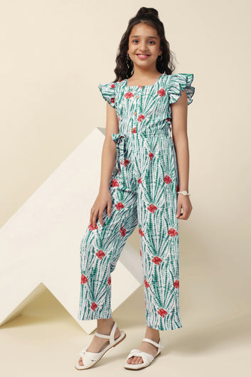 Girls Green Cotton Blend All-Over Printed A-Line Tailored Ankle Length Jumpsuit