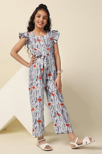 Girls Grey Cotton Blend All-Over Printed A-Line Tailored Ankle Length Jumpsuit