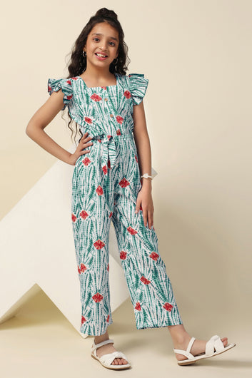 Girls Green Cotton Blend All-Over Printed A-Line Tailored Ankle Length Jumpsuit