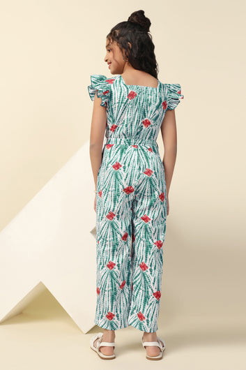 Girls Green Cotton Blend All-Over Printed A-Line Tailored Ankle Length Jumpsuit