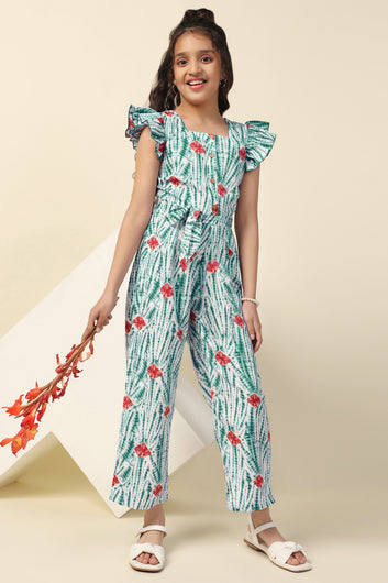 Girls Green Cotton Blend All-Over Printed A-Line Tailored Ankle Length Jumpsuit