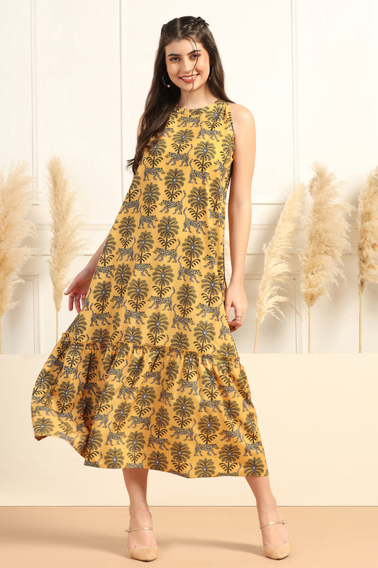 Womens Yellow Cotton Blend A-Line Animal Printed Calf Length Dress