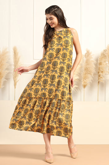 Womens Yellow Cotton Blend A-Line Animal Printed Calf Length Dress