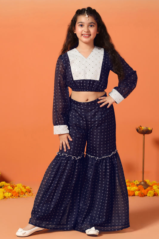 Girls Navy Blue Georgette Printed Kurta With Sharara Set