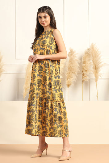 Womens Yellow Cotton Blend A-Line Animal Printed Calf Length Dress