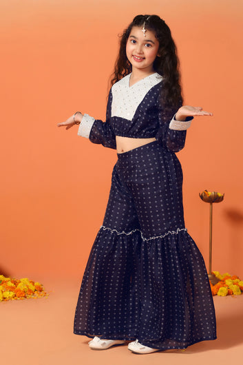 Girls Navy Blue Georgette Printed Kurta With Sharara Set