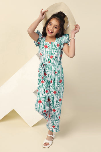 Girls Green Cotton Blend All-Over Printed A-Line Tailored Ankle Length Jumpsuit