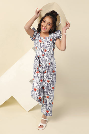 Girls Grey Cotton Blend All-Over Printed A-Line Tailored Ankle Length Jumpsuit