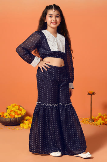 Girls Navy Blue Georgette Printed Kurta With Sharara Set