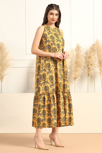 Womens Yellow Cotton Blend A-Line Animal Printed Calf Length Dress