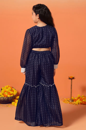 Girls Navy Blue Georgette Printed Kurta With Sharara Set