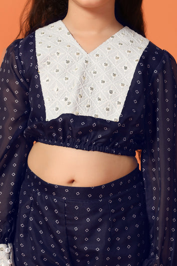 Girls Navy Blue Georgette Printed Kurta With Sharara Set