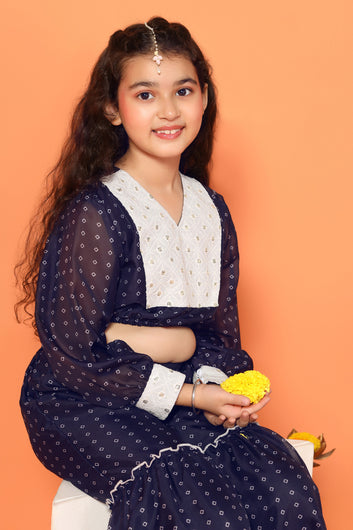 Girls Navy Blue Georgette Printed Kurta With Sharara Set