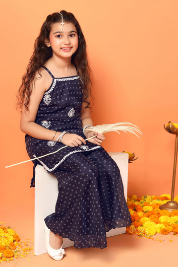 Girls Navy Blue Georgette Printed Kurta With Sharara Set