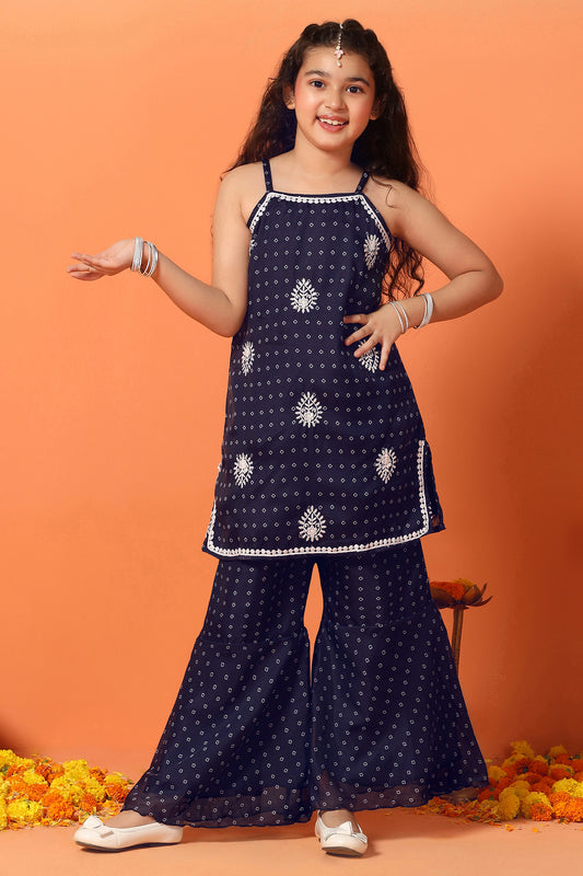 Girls Navy Blue Georgette Printed Kurta With Sharara Set