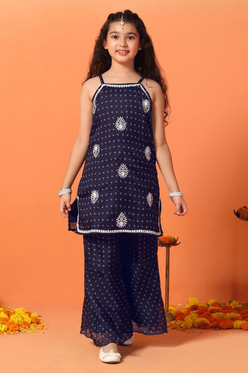 Girls Navy Blue Georgette Printed Kurta With Sharara Set