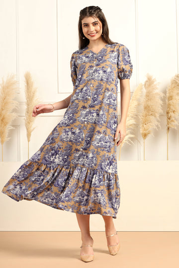 Womens Khaki Cotton Blend A-Line Floral Printed Midi Length Dress