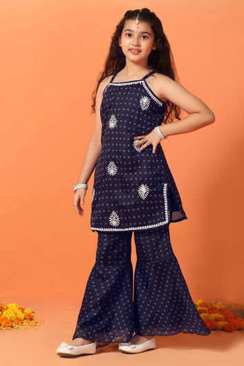 Girls Navy Blue Georgette Printed Kurta With Sharara Set