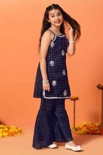 Girls Navy Blue Georgette Printed Kurta With Sharara Set