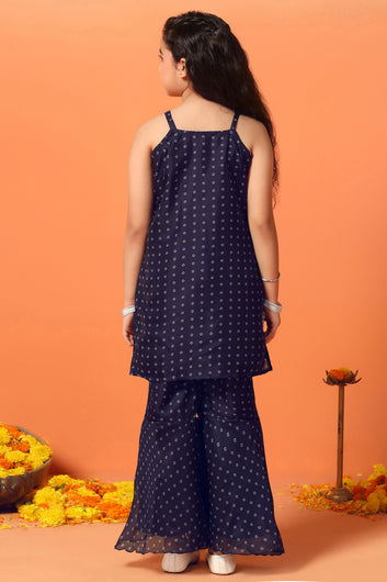 Girls Navy Blue Georgette Printed Kurta With Sharara Set