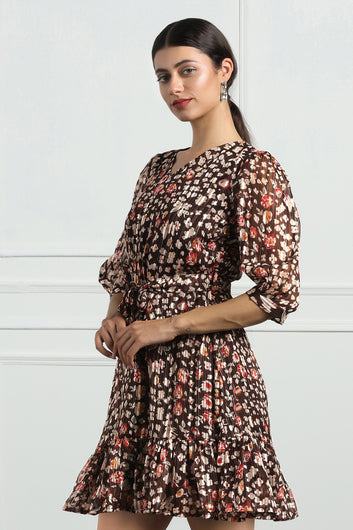 Womens Brown Georgette Floral Print Pleated Above Knee Length Dress