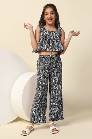 Girls Black Cotton Blend All Over Printed Crop Top With Trouser Set