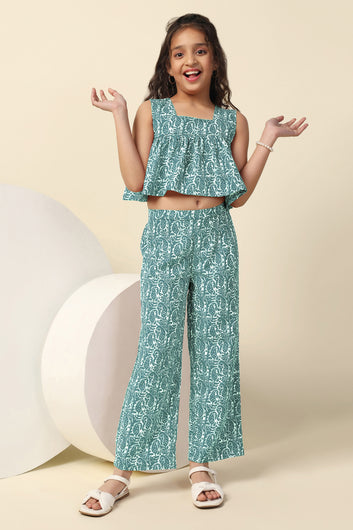 Girls Sea Green Cotton Blend All Over Printed Crop Top With Trouser Set