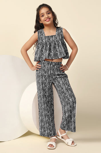 Girls Black Cotton Blend All Over Printed Crop Top With Trouser Set