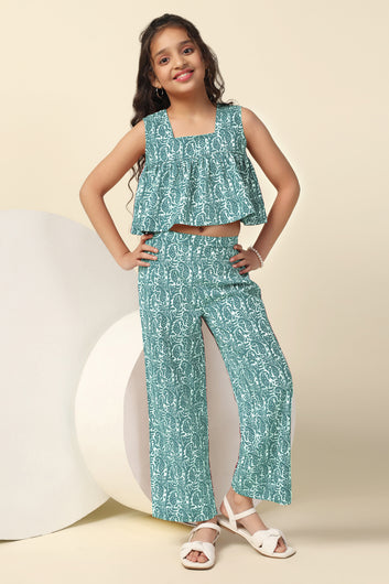 Girls Sea Green Cotton Blend All Over Printed Crop Top With Trouser Set