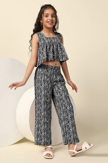 Girls Black Cotton Blend All Over Printed Crop Top With Trouser Set