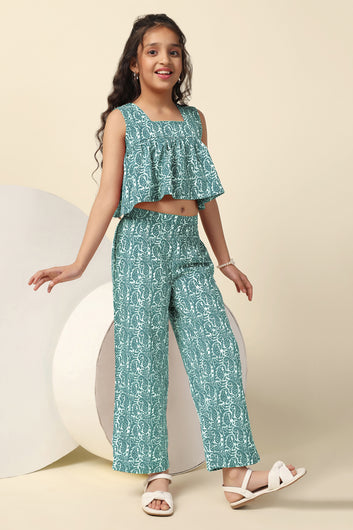 Girls Sea Green Cotton Blend All Over Printed Crop Top With Trouser Set