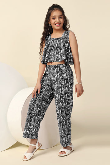 Girls Black Cotton Blend All Over Printed Crop Top With Trouser Set