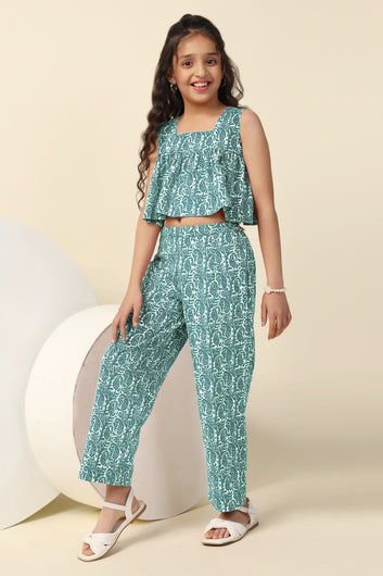 Girls Sea Green Cotton Blend All Over Printed Crop Top With Trouser Set