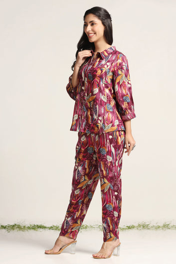 Womens Maroon Rayon Abstarct Printed Top with Trouser Set