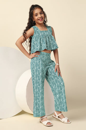 Girls Sea Green Cotton Blend All Over Printed Crop Top With Trouser Set