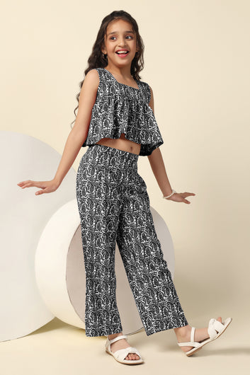 Girls Black Cotton Blend All Over Printed Crop Top With Trouser Set