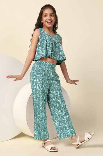 Girls Sea Green Cotton Blend All Over Printed Crop Top With Trouser Set