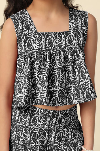 Girls Black Cotton Blend All Over Printed Crop Top With Trouser Set