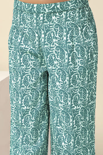 Girls Sea Green Cotton Blend All Over Printed Crop Top With Trouser Set