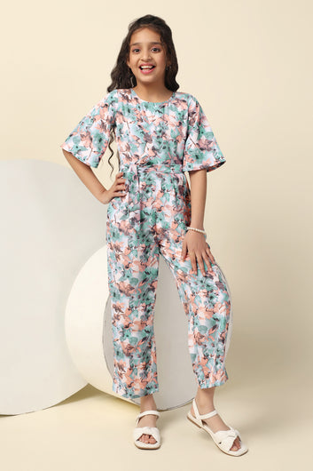 Girls Peach Cotton Blend Floral Printed A-Line Ankle Length Jumpsuit