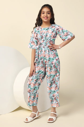 Girls Peach Cotton Blend Floral Printed A-Line Ankle Length Jumpsuit