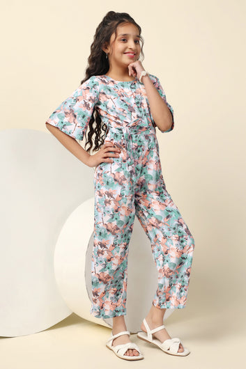 Girls Peach Cotton Blend Floral Printed A-Line Ankle Length Jumpsuit