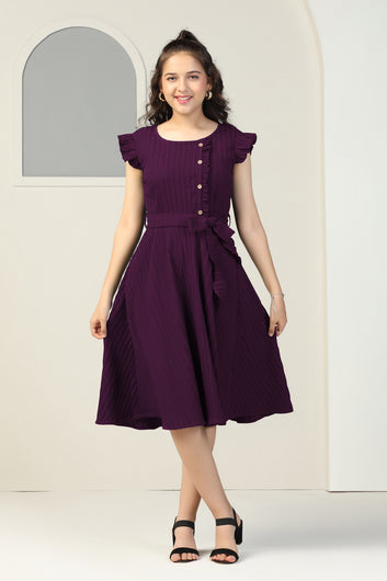 Girls Dark Purple Cottton Blend Solid Fit & Flare Casual Knee Length Dress